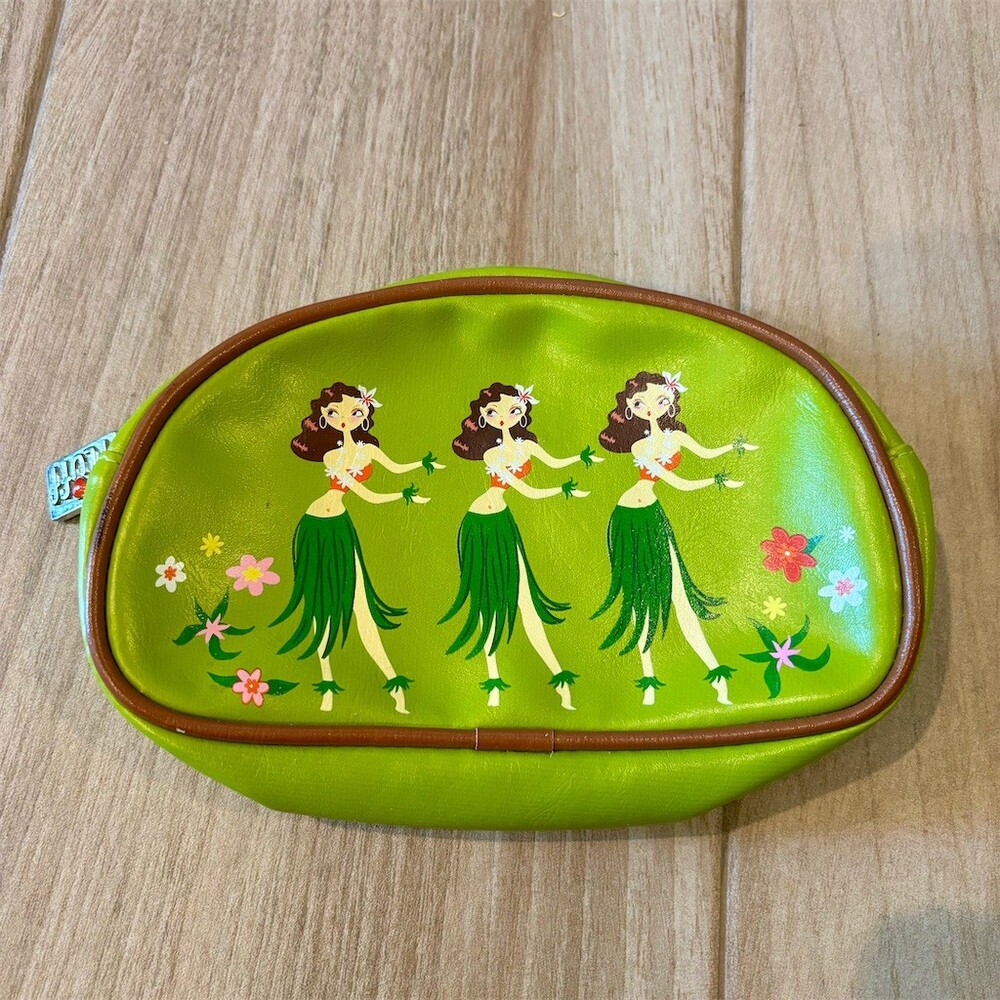 Fluff Hawaii Makeup Bag Green Hula Girl Print Zip Pouch Pink Lining